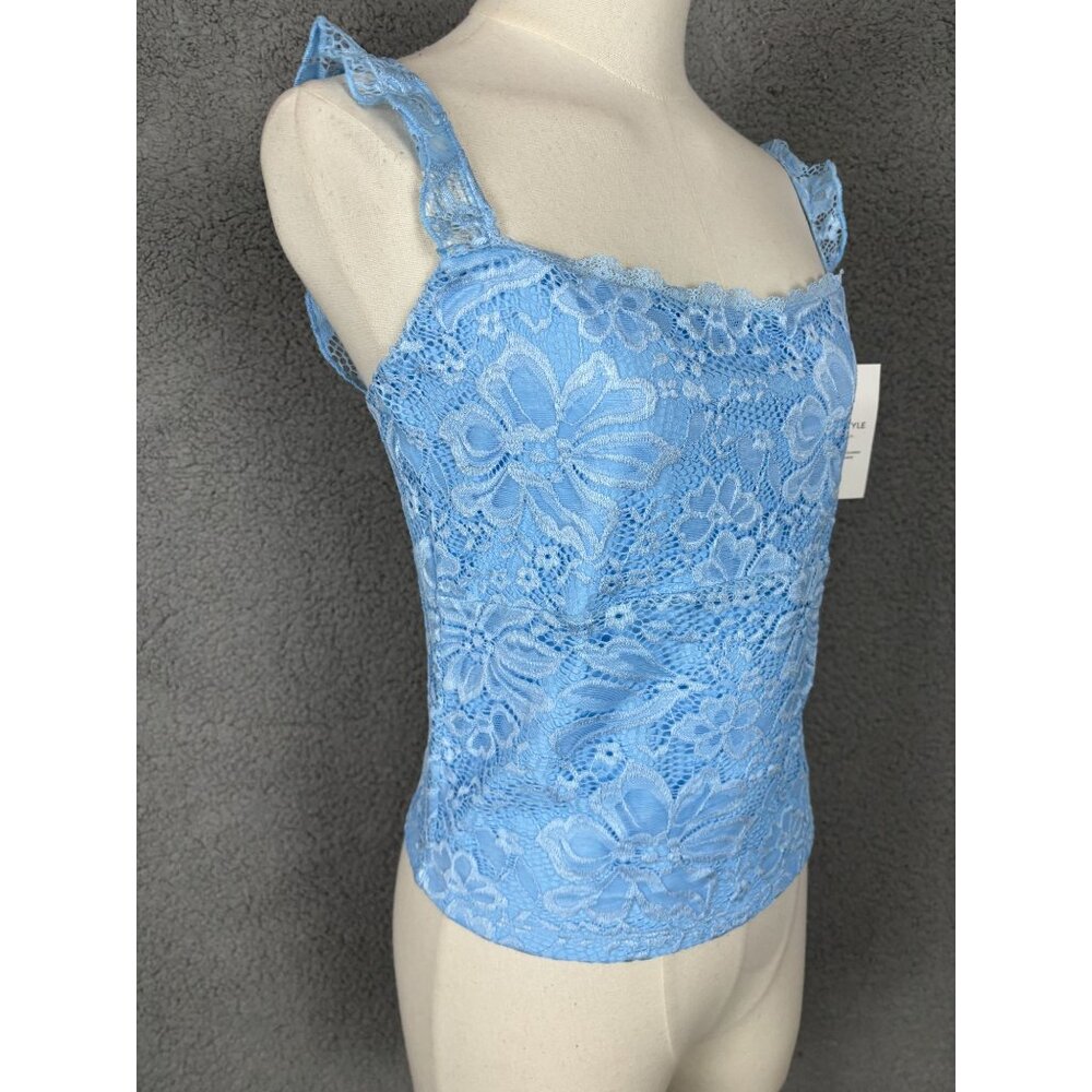 PINKMSTYLE Sexy Square Neck Blue Lace Cami Tank Fitted Double Lined Large NWT's - Picture 2 of 7